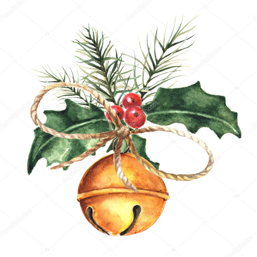 Watercolor christmas jingle bell with fir branches and holly leaves and berries.