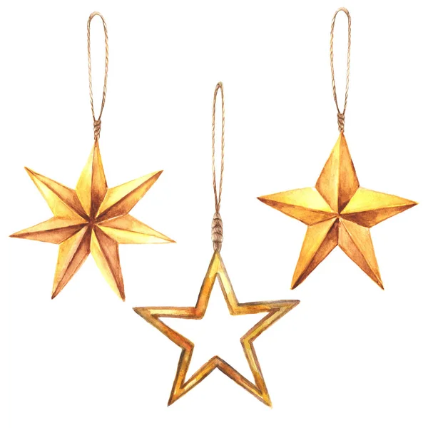 Conjunto Natal Aquarela Com Estrelas Douradas — Fotografia de Stock