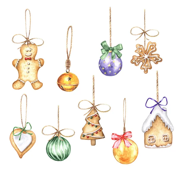 Noel ağacı oyuncakları ve zencefilli ekmekle suluboya seti.