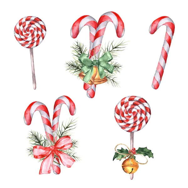 赤いロリポップとお菓子の杖と水彩クリスマスセット — ストック写真