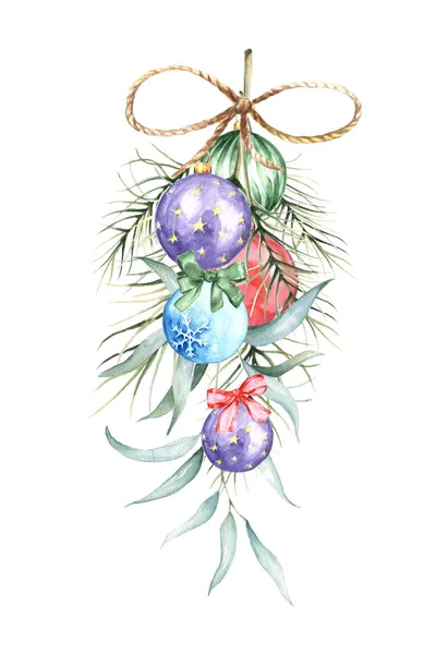 水彩クリスマスボールとクリスマスツリーブランチ — ストック写真