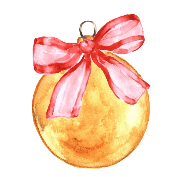 Boule Noël Jaune Avec Ruban Rouge Illustration Aquarelle — Photo