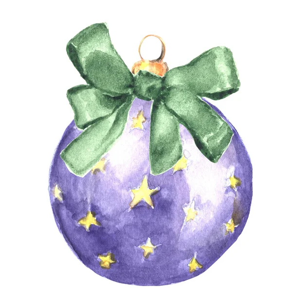 グリーンリボン付き水彩クリスマスパープルボール — ストック写真