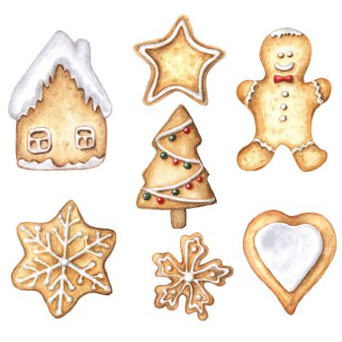 Zencefilli ekmek, ev, ağaç, kalp, kar tanesi, zencefilli adam, yıldız, beyaz üzerine izole edilmiş