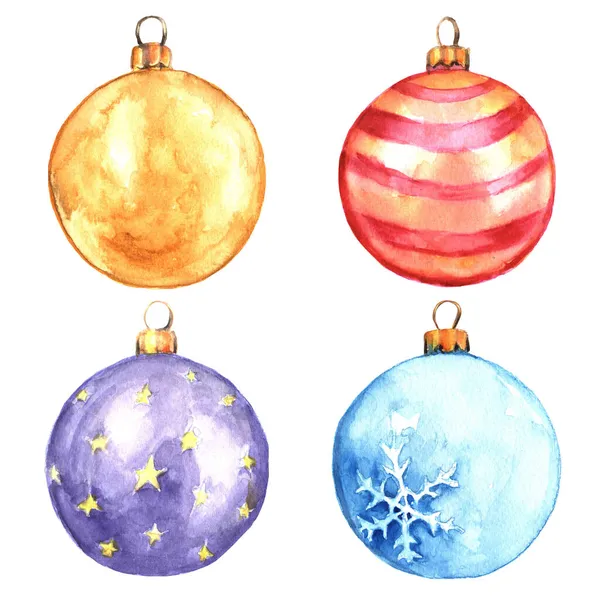 Ensemble Aquarelle Boules Arbre Noël Isolées Sur Blanc — Photo