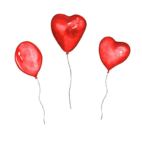 Watercolor red heart-shaped balloons