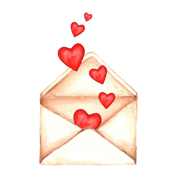 Envelope Dia Dos Namorados Com Corações Vermelhos Isolados Branco — Fotografia de Stock
