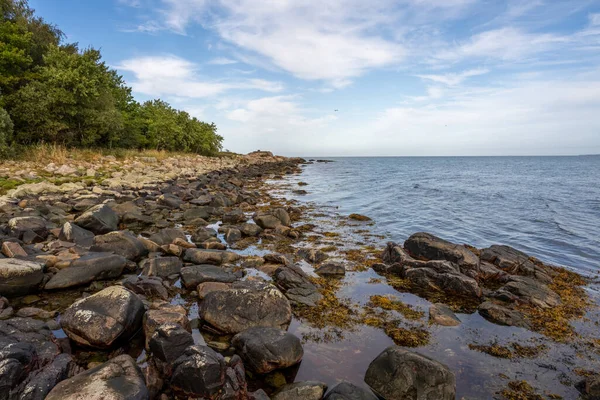 A rocky shoreline with blue water and a blu sky in the background. Picture from Skalderviken, Sweden — Stock Photo, Image