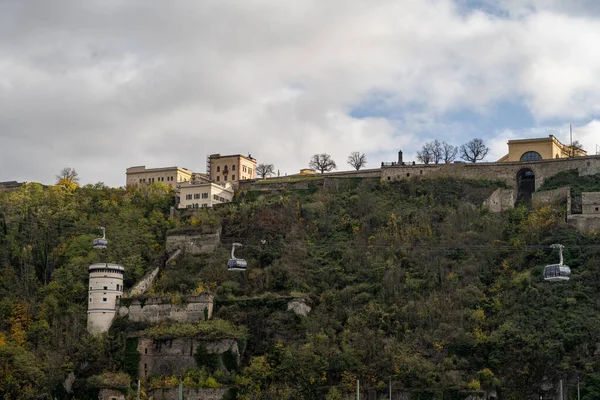 Koblenz Alemanha Com Castelo Ehrenbreitstein Foram Rio Rhein Mosel Atender — Fotografia de Stock