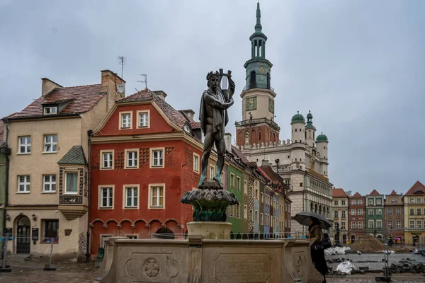 Apollonbrunnen - einer der vier Brunnen auf dem alten Renaissancemarkt in Poznan, Polen — Stockfoto