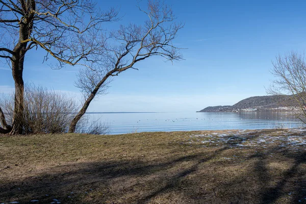 A beautiful lake view in the morning. A mist over the blue lake — Stock Photo, Image