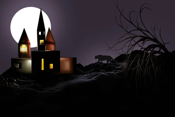 Halloween Háttér Éjszakai Jelenet Kísértetházzal Erdőben Renderelés Illusztráció — Stock Fotó