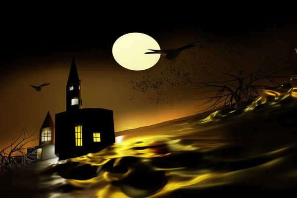 Halloween Pozadí Noční Scéna Strašidelným Hradem Lese Vykreslování — Stock fotografie