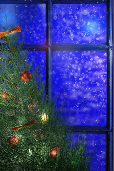 Ventana Invierno Con Árbol Navidad Adornos Ilustración Representación — Foto de Stock