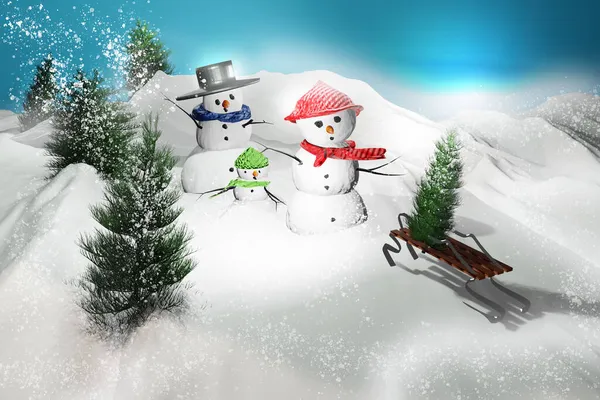 Kardan Adam Ailesi Çam Ağaçları Karda Kızak Noel Kartı Tasarımı — Stok fotoğraf