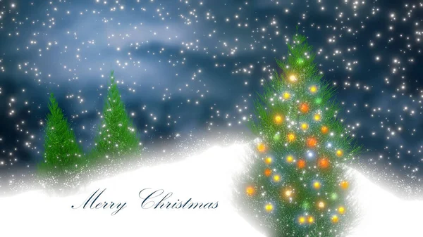 雪のフレークとメリークリスマスのテキストと星とクリスマスツリー 3Dレンダリング図 — ストック写真