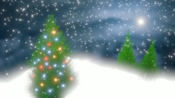 Animation Decorated Christmas Tree Forest Falling Snow Christmas Background — Stock Video