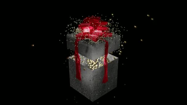 Animation Luxury Gift Box Red Ribbon Splashing Shimmering Gold Glitter — Stock Video