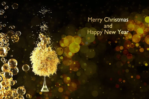Noel Yeni Yıl Tebrik Kartı Tasarımında Şampanya Köpüğü Şarap Kadehinden — Stok fotoğraf
