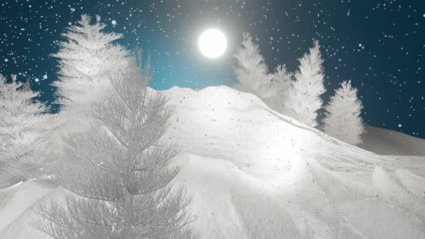 Christmas Background Winter Landscape Pine Trees Mountains Falling Snow Night — Vídeo de Stock