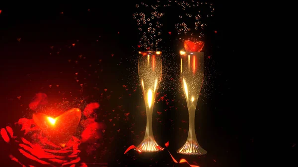 Fondo Del Día San Valentín Con Dos Copas Champán Corazones —  Fotos de Stock