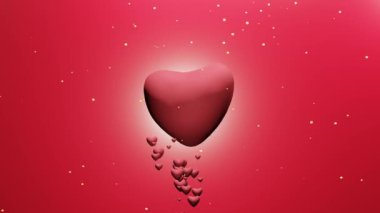 Kırmızı kalp su sıçratan konfetiyle hareket ediyor. Sevgililer Günü arkaplan canlandırması 3D canlandırma.