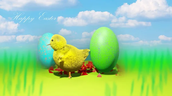 Easter Chicken Eggs Grass Render Illustration — Stock Photo, Image