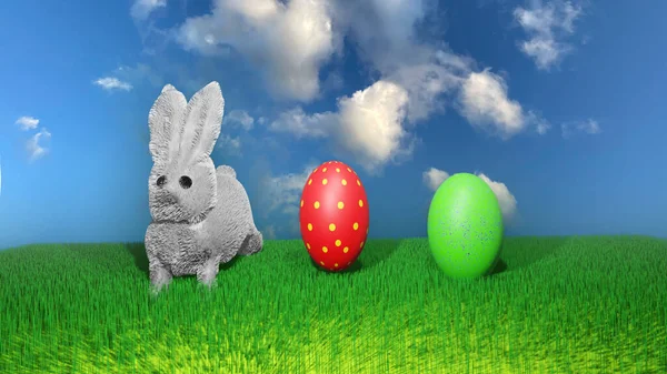 Easter Background Baby Rabbit Eggs Meadow Render Illustration — Stock Photo, Image