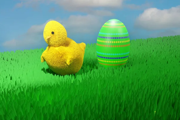 Easter Background Baby Chicken Egg Grass Render Illustration — Stock Photo, Image