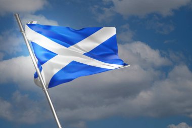 Mavi arka planda rüzgarda dalgalanan İskoç bayrağı. İskoçya bayrağı, Saltire. 3 Boyutlu resimleme.