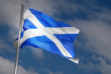 Mavi arka planda rüzgarda dalgalanan İskoç bayrağı. İskoçya bayrağı, Saltire. 3 Boyutlu resimleme.