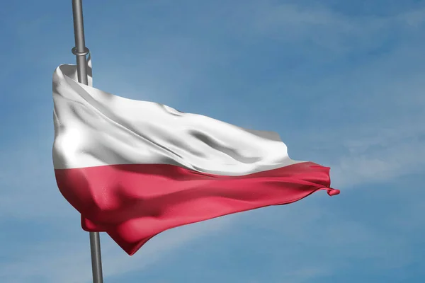 Polen Vlag Zwaaiend Wind Blauwe Lucht Achtergrond Weergave Illustratie — Stockfoto