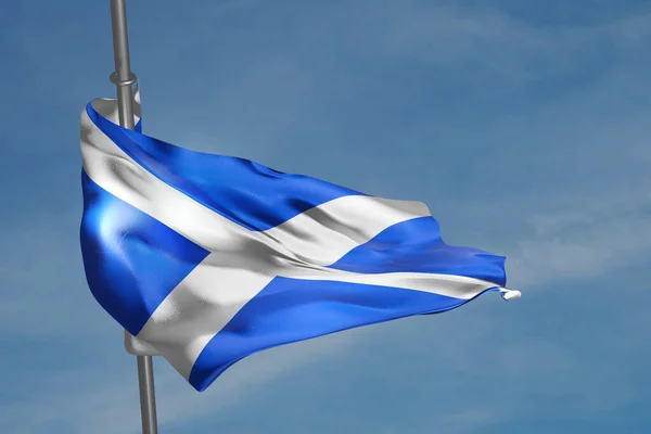 Skotská Vlajka Vlnící Větru Pozadí Modré Oblohy Skotská Vlajka Saltire — Stock fotografie