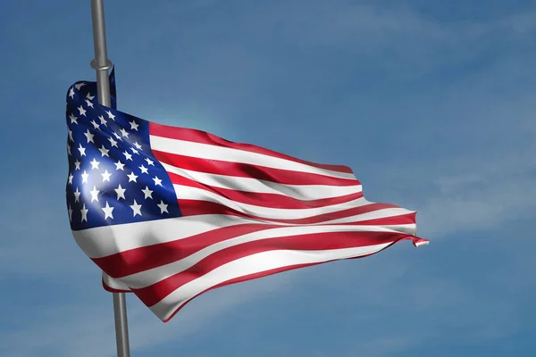 青い空を背景にアメリカ国旗が風になびく 旗竿に古い栄光 3Dレンダリング図 — ストック写真