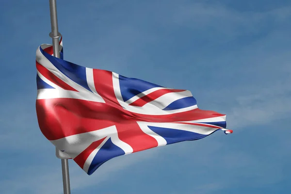 Brittisk Flagga Viftar Vinden Blå Himmel Bakgrund Union Jack Flaggstången — Stockfoto