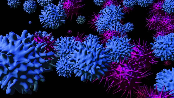 コロナウイルスCovid Sars Cov 2ウイルス細胞顕微鏡図 3Dレンダリング図 — ストック写真