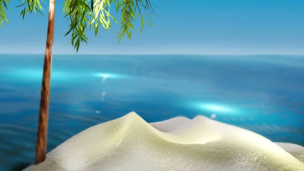 热带岛屿在海洋中 有棕榈树和蓝天 度假背景 3D渲染说明 — 图库照片