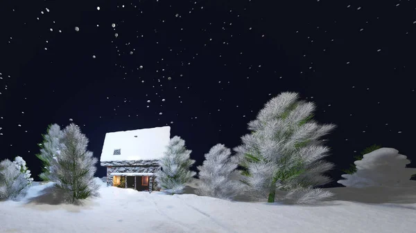 Karácsonyi Háttér Téli Táj Ház Hóban Fenyőfákkal Renderelés Illusztráció — Stock Fotó