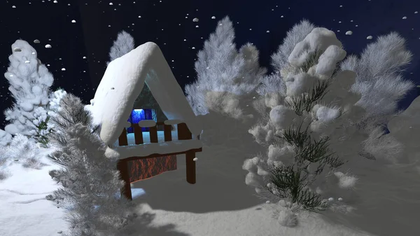 圣诞节的背景冬季风景 在雪地里有松树的房子 3D渲染说明 — 图库照片