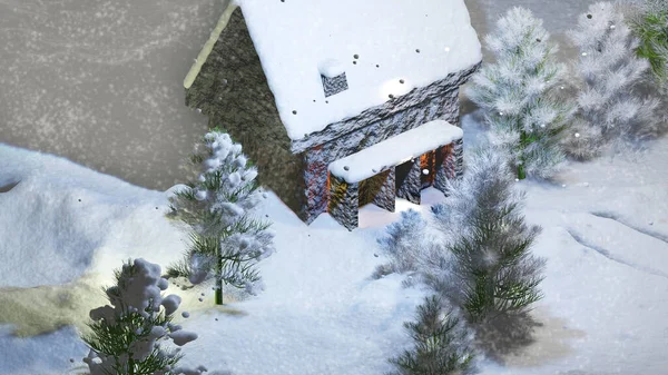 圣诞节的背景冬季风景 在雪地里有松树的房子 3D渲染说明 — 图库照片