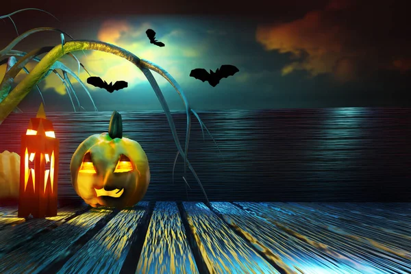 Halloween Background Glowing Pumpkin Lantern Wooden Background Flying Bats Night — Fotografia de Stock