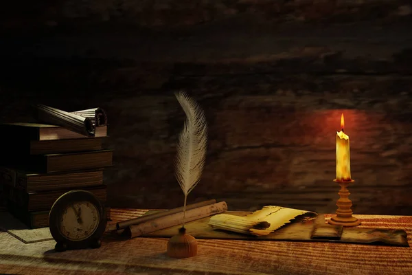 Old sheet of paper with feather pen, books, alarm clock and candle on wooden table.