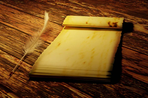 Blank Old Sheet Paper Feather Pen Wooden Table — 图库照片