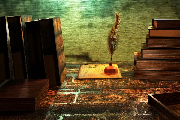 Vintage Interior Stack Old Books Feather Pen Inkwell Wooden Table — Fotografia de Stock