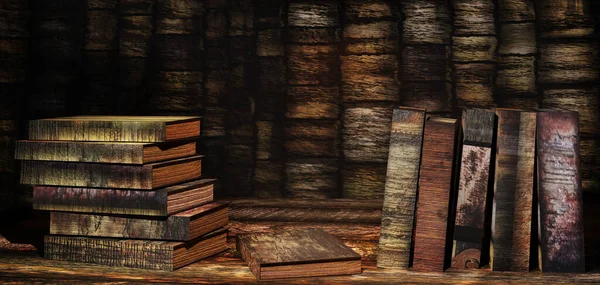 Stack of old books on a table. Retro style. 3D render illustration.