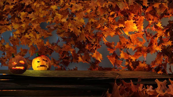 ハロウィンの背景 秋の葉を持つ木製のテーブルの上のカボチャ 3Dレンダリング図 — ストック写真
