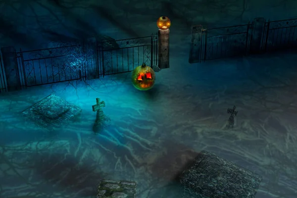 万圣节可怕的夜晚在墓地用南瓜 3D渲染说明 — 图库照片