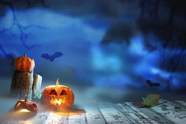 Halloween Hintergrund Kürbisse Auf Einem Holzboden Darstellung — Stockfoto