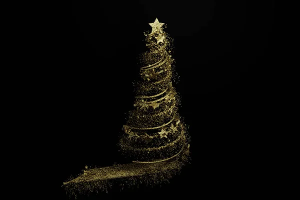 Astratto Albero Natale Dorato Isolato Sfondo Nero Design Del Biglietto — Foto Stock