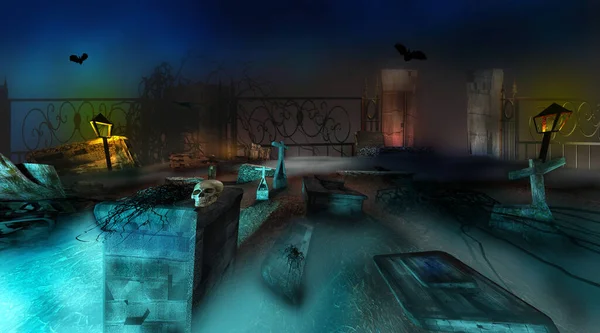 万圣节的背景可怕的夜晚 在坟墓和骷髅的墓地 3D渲染说明 — 图库照片